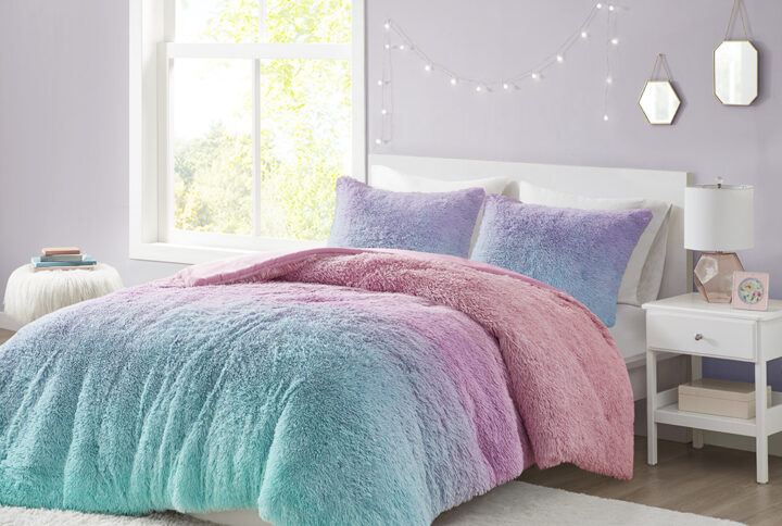 Primrose Ombre Shaggy Faux Fur Comforter Set in Purple Multi From Mi Zone