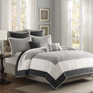 Attingham 7 Piece Quilt Set with Euro Shams and Throw Pillows in Black From Madison Park