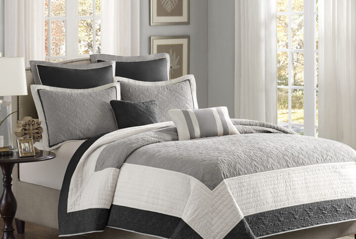 Attingham 7 Piece Quilt Set with Euro Shams and Throw Pillows in Black From Madison Park