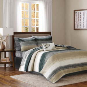 Saben 8 Piece Quilt Set with Cotton Bed Sheets in Taupe From Madison Park Essentials