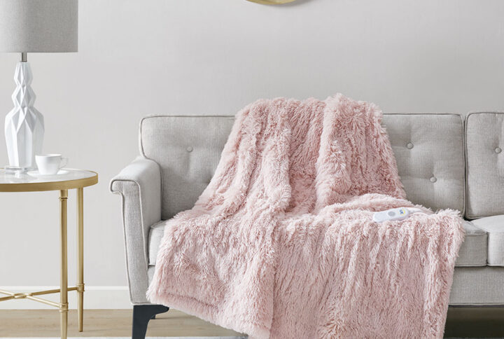 Malea Shaggy Faux Fur Heated Throw in Blush From Serta