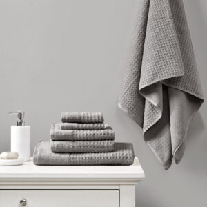 Spa Waffle Cotton Waffle Jacquard Antimicrobial Bath Towel 6 Piece Set in Charcoal From Madison Park