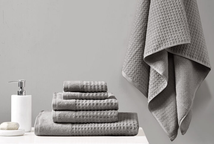 Spa Waffle Cotton Waffle Jacquard Antimicrobial Bath Towel 6 Piece Set in Charcoal From Madison Park