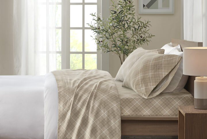 Cozy Flannel Printed Sheet Set in Tan Plaid From True North by Sleep Philosophy