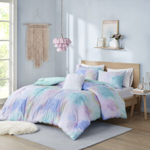 Cassiopeia Watercolor Tie Dye Printed Comforter Set with Throw Pillow in Aqua From Intelligent Design