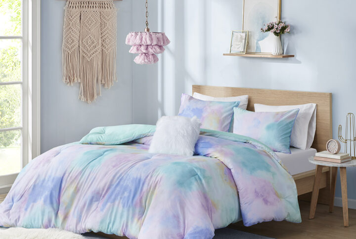 Cassiopeia Watercolor Tie Dye Printed Comforter Set with Throw Pillow in Aqua From Intelligent Design