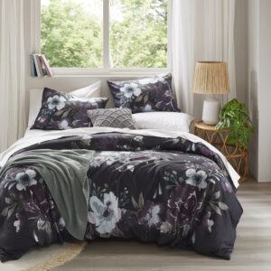 Jolene 3 Piece Cotton Duvet Cover Set in Dark Grey/Plum From Madison Park