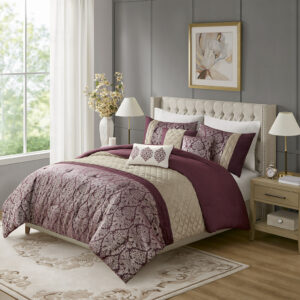 Lily 6 Piece Jacquard Comforter Set with Throw Pillows in Plum From Madison Park