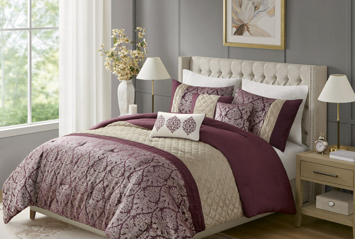 Lily 6 Piece Jacquard Comforter Set with Throw Pillows in Plum From Madison Park