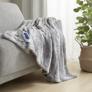 Zuri Oversized Faux Fur Heated Throw in Grey From Beautyrest