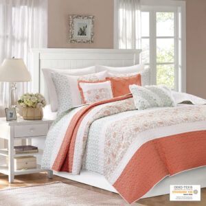 Dawn 6 Piece Cotton Percale Quilt Set with Throw Pillows in Coral From Madison Park