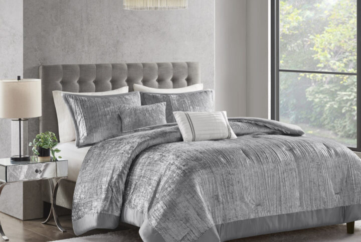 Lee 5 Piece Crinkle Velvet Comforter Set in Silver From Madison Park