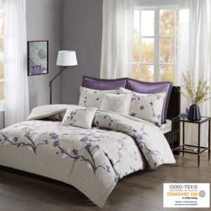 Holly 7 Piece Cotton Duvet Cover Set in Purple/Taupe From Madison Park