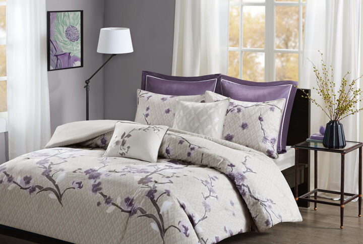 Holly 7 Piece Cotton Duvet Cover Set in Purple/Taupe From Madison Park