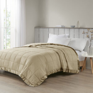 Cambria Oversized Down Alternative Blanket with Satin Trim in Taupe From Madison Park