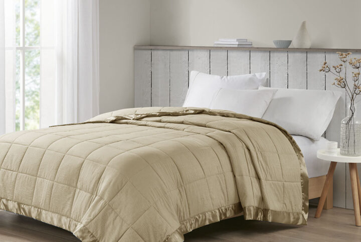 Cambria Oversized Down Alternative Blanket with Satin Trim in Taupe From Madison Park