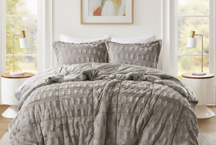 Gia Solid Faux Fur Comforter Mini Set in Gray From Madison Park