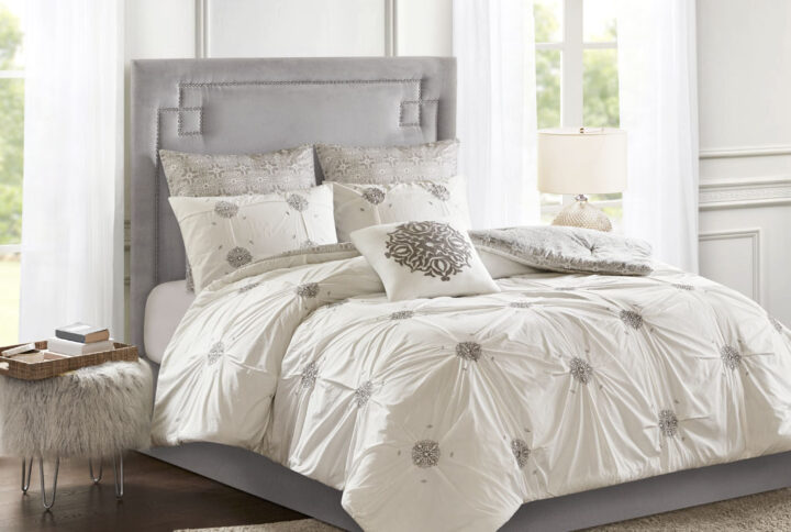 Malia 6 Piece Embroidered Cotton Reversible Comforter Set in Ivory From Madison Park