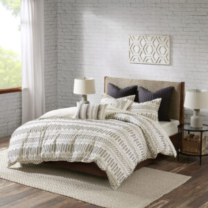 Rhea Cotton Jacquard Duvet Cover Mini Set in Ivory/Charcoal From INK+IVY