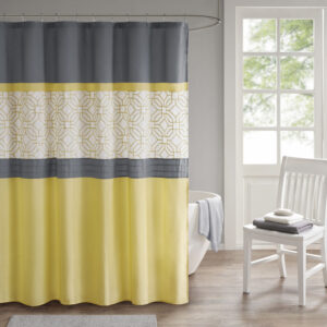 Donnell Embroidered and Pieced Shower Curtain in Yellow/Grey From 510 Design