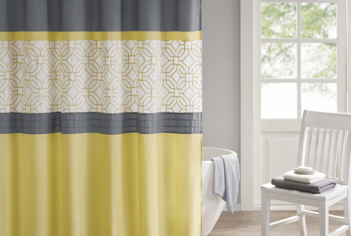 Donnell Embroidered and Pieced Shower Curtain in Yellow/Grey From 510 Design