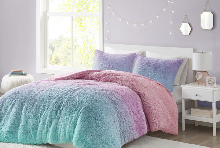 Primrose Ombre Shaggy Faux Fur Duvet Cover Set in Purple Multi From Mi Zone