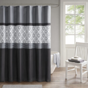 Donnell Embroidered and Pieced Shower Curtain in Black/Grey From 510 Design