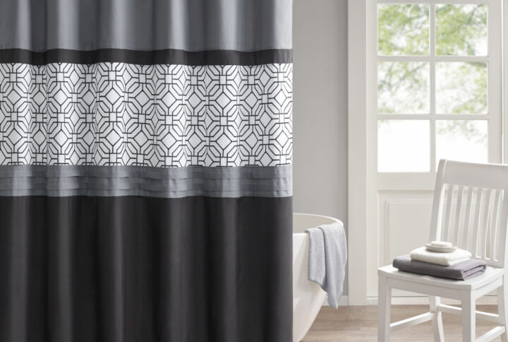 Donnell Embroidered and Pieced Shower Curtain in Black/Grey From 510 Design