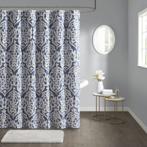 Odette Jacquard Shower Curtain in Navy/Silver From Madison Park