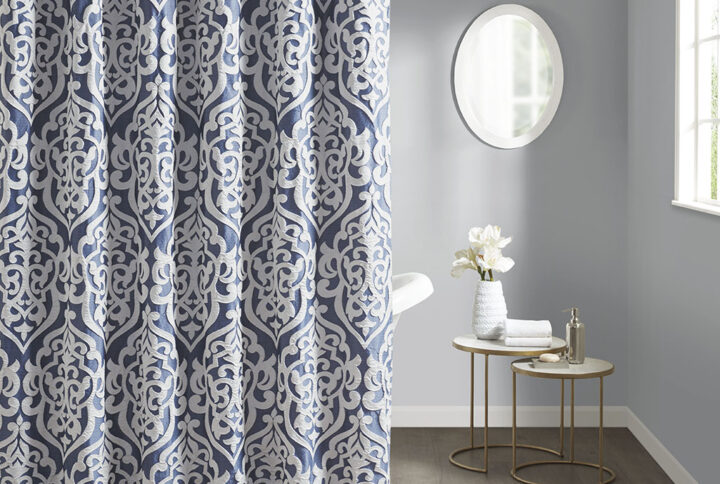 Odette Jacquard Shower Curtain in Navy/Silver From Madison Park