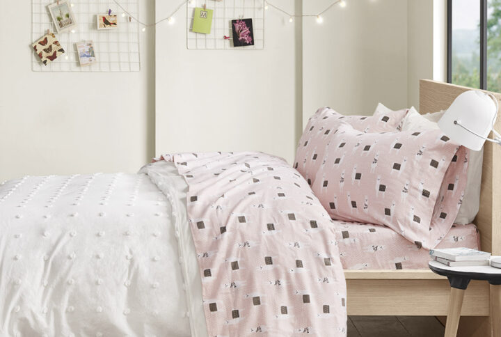 Cozy Soft Cotton Flannel Printed Sheet Set in Pink Llamas From Intelligent Design