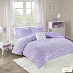 Rosalie Metallic Printed Plush Comforter Set with Throw Pillow in Purple/Silver From Mi Zone