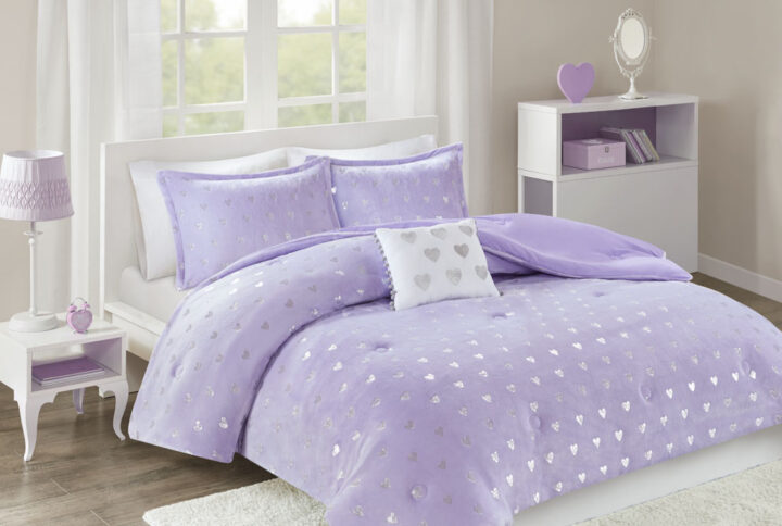 Rosalie Metallic Printed Plush Comforter Set with Throw Pillow in Purple/Silver From Mi Zone