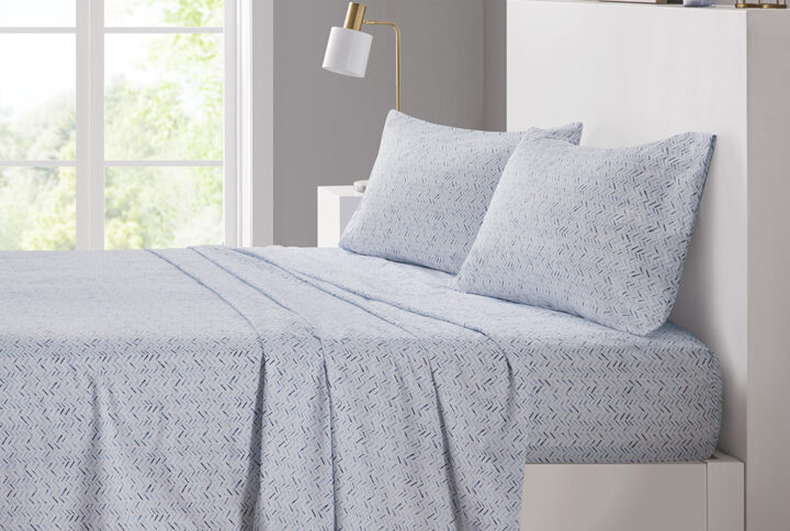 Printed Microfiber Sheet Set in Blue Chevron From Intelligent Design