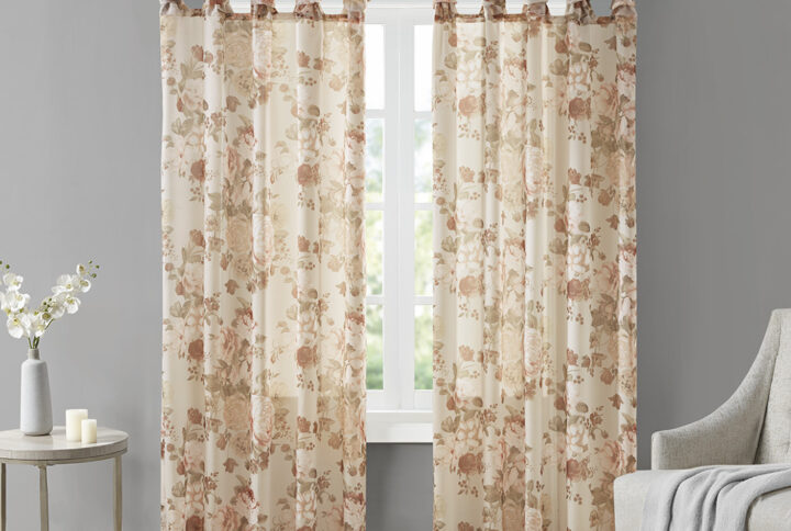 Simone Printed Floral Twist Tab Top Voile Sheer Curtain in Blush From Madison Park