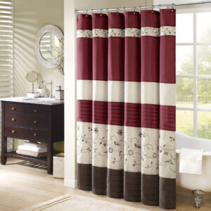 Serene Faux Silk Embroidered Floral Shower Curtain in Red From Madison Park