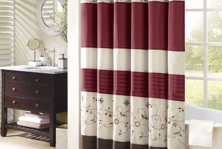 Serene Faux Silk Embroidered Floral Shower Curtain in Red From Madison Park