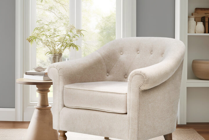 Fayette Tufted Accent Arm Chair in Cream From Martha Stewart