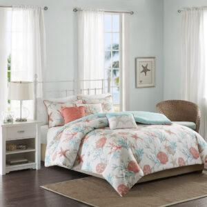 Pebble Beach 6 Piece Cotton Sateen Duvet Cover Set in Coral From Madison Park