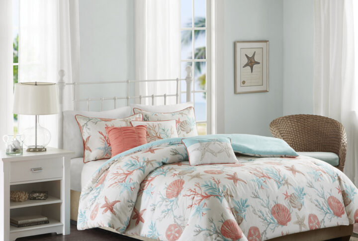 Pebble Beach 6 Piece Cotton Sateen Duvet Cover Set in Coral From Madison Park