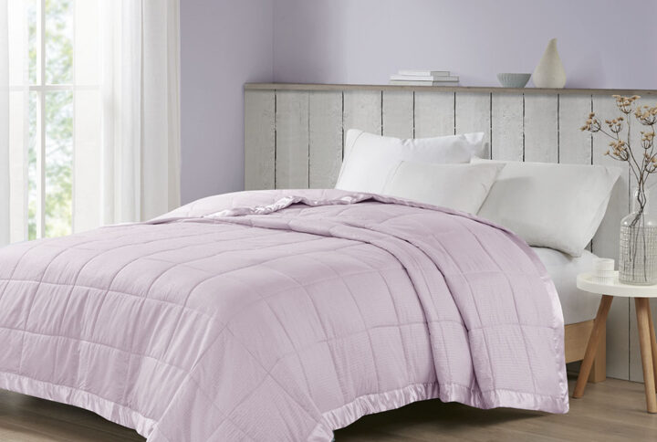 Cambria Oversized Down Alternative Blanket with Satin Trim in Lilac From Madison Park