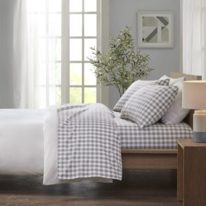 Cozy Cotton Flannel Printed Sheet Set in Gray Herringbone Check From True North by Sleep Philosophy