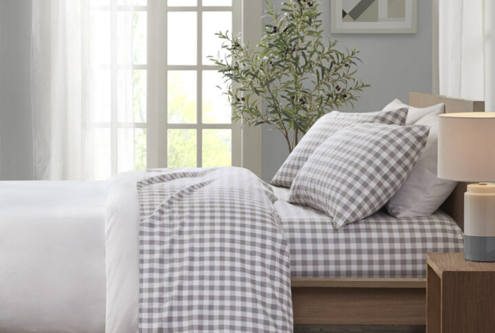 Cozy Cotton Flannel Printed Sheet Set in Gray Herringbone Check From True North by Sleep Philosophy