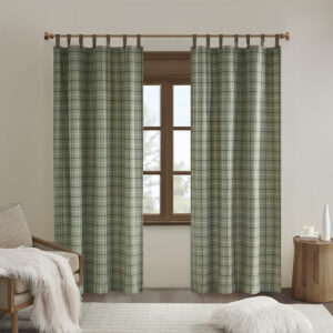 Anaheim Plaid Faux Leather Tab Top Curtain Panel with Fleece Lining in Green From Madison Park