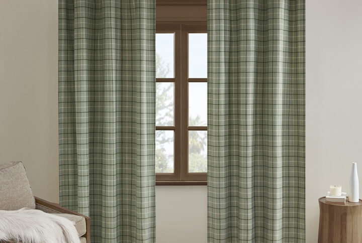 Anaheim Plaid Faux Leather Tab Top Curtain Panel with Fleece Lining in Green From Madison Park