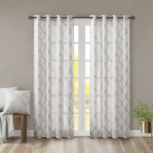 Saratoga Fretwork Print Grommet Top Window Curtain Panel in Ivory/Grey From Madison Park