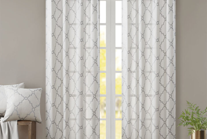 Saratoga Fretwork Print Grommet Top Window Curtain Panel in Ivory/Grey From Madison Park