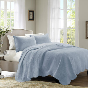 Tuscany 3 Piece Reversible Scalloped Edge Quilt Set in Blue From Madison Park