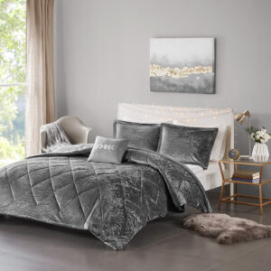 Felicia Velvet Duvet Cover Set with Throw Pillow in Grey From Intelligent Design