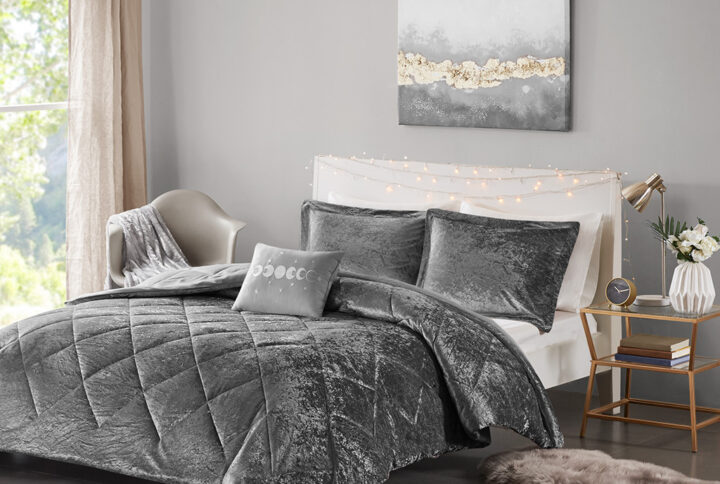 Felicia Velvet Duvet Cover Set with Throw Pillow in Grey From Intelligent Design